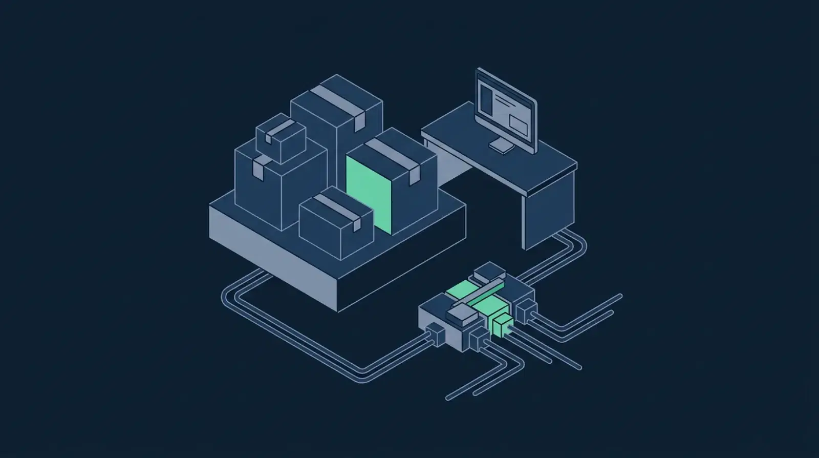 Isometric illustration of ecommerce shipping boxes beside a support desk feeding an automated message-routing unit