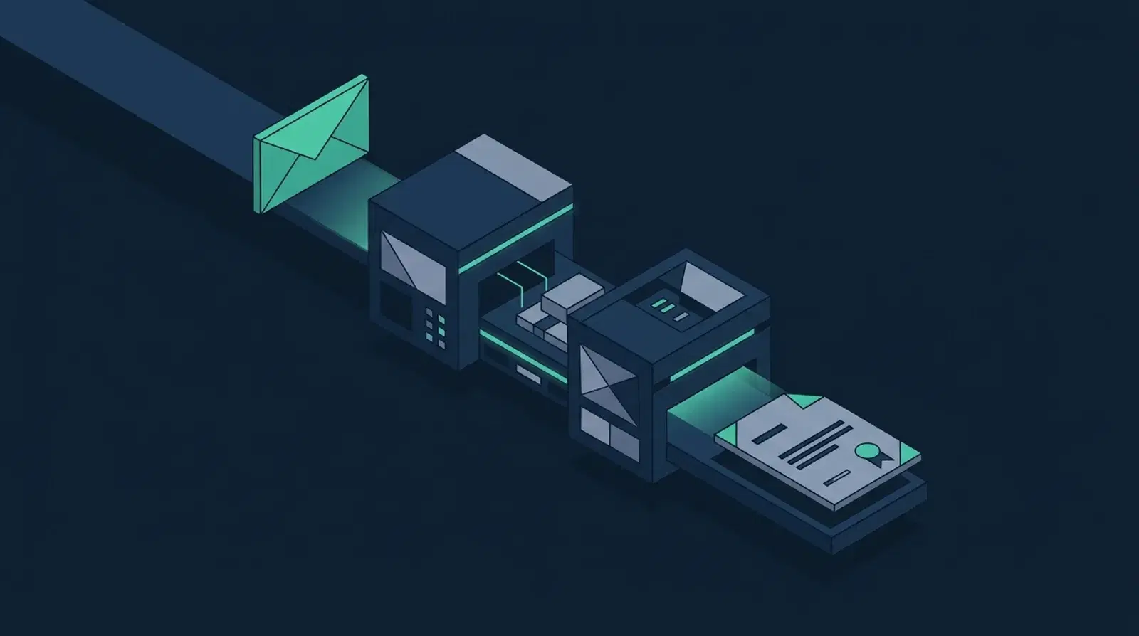 Isometric illustration of an inbound email envelope routing through an automated processing unit that issues a certificate document