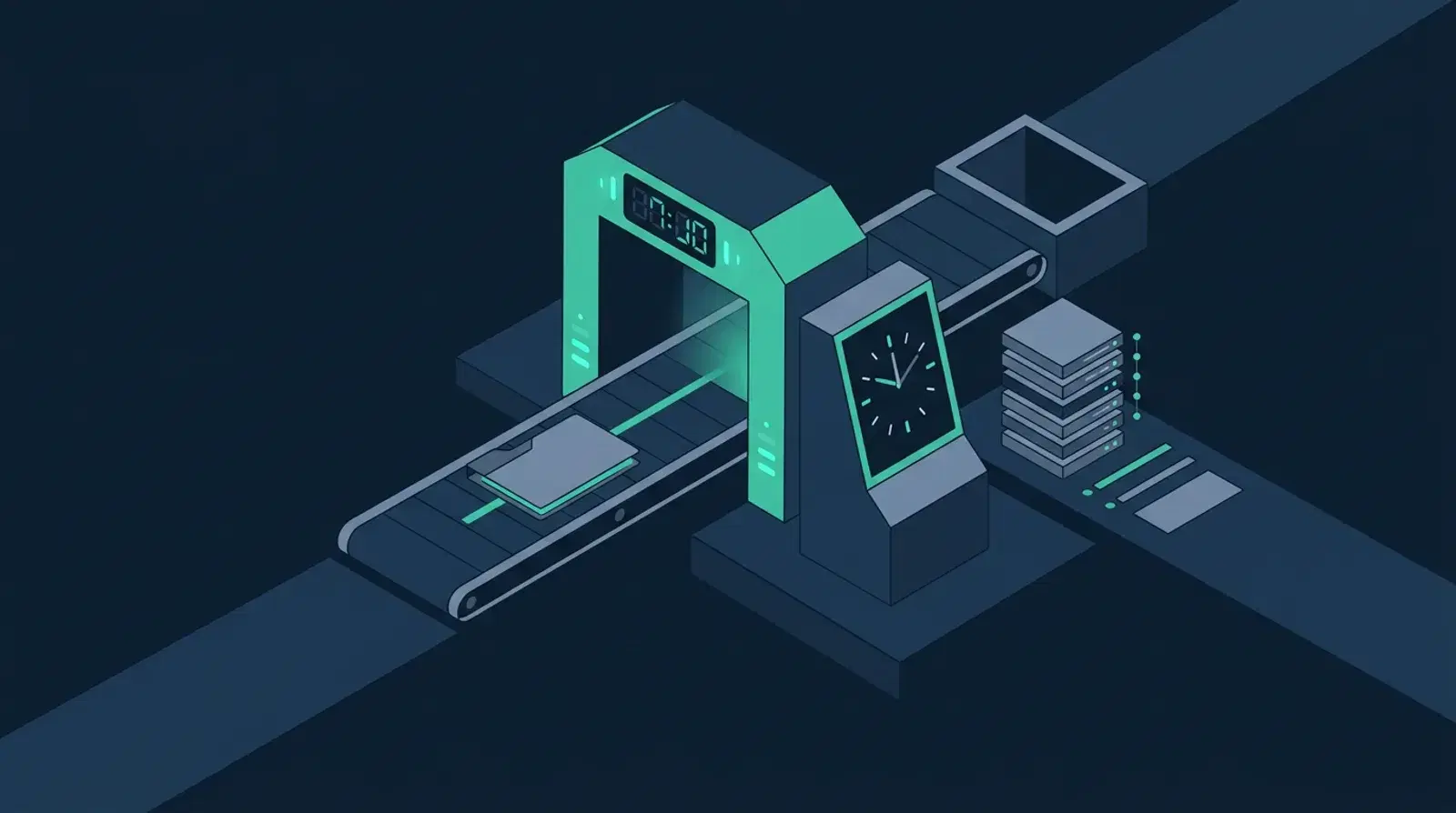 Isometric illustration of a complaint file moving through a timed checkpoint gate with a clock and an audit log beside it