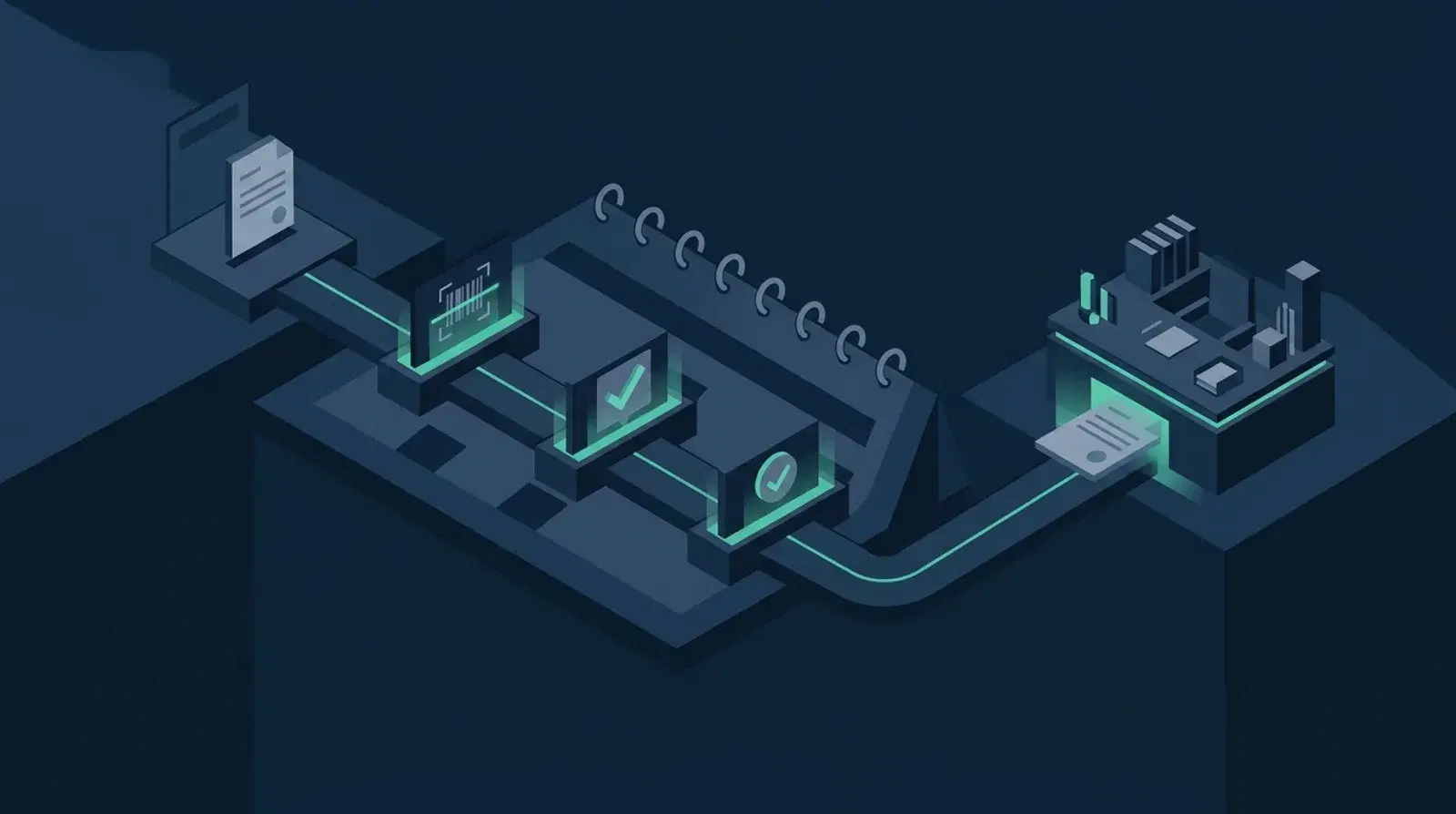 Isometric illustration of a policy document moving along three staged checkpoints on a calendar track toward a broker's desk