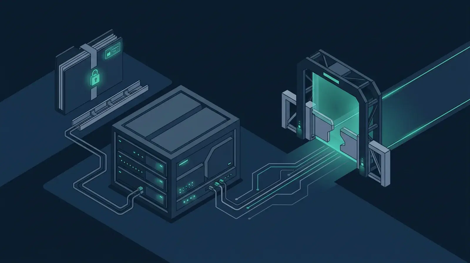 Isometric illustration of a sealed privileged document folder beside a closed local server enclosure and an open external gateway