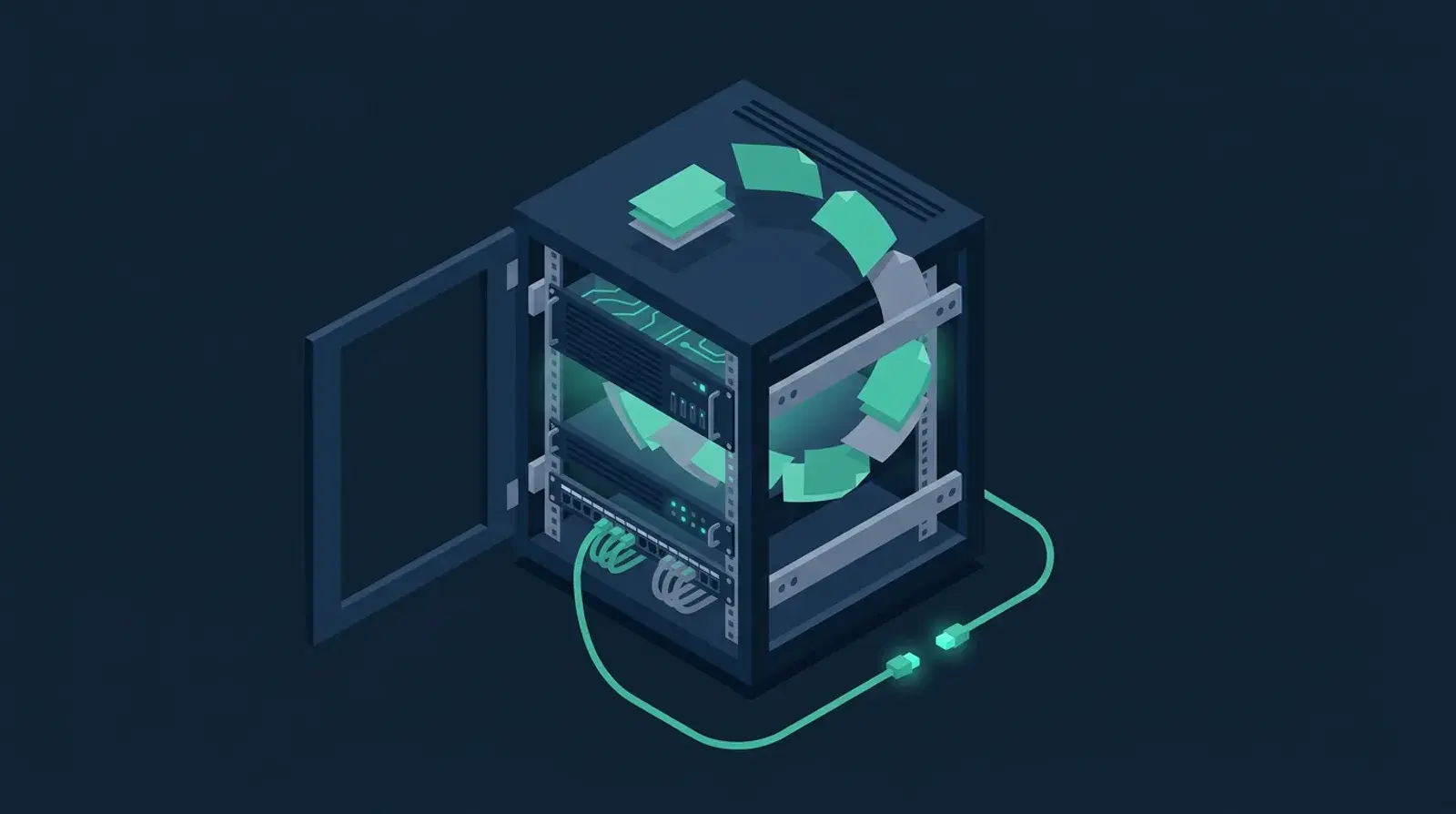 Isometric illustration of a compact server appliance in a comms cabinet with a severed network link and documents circulating internally