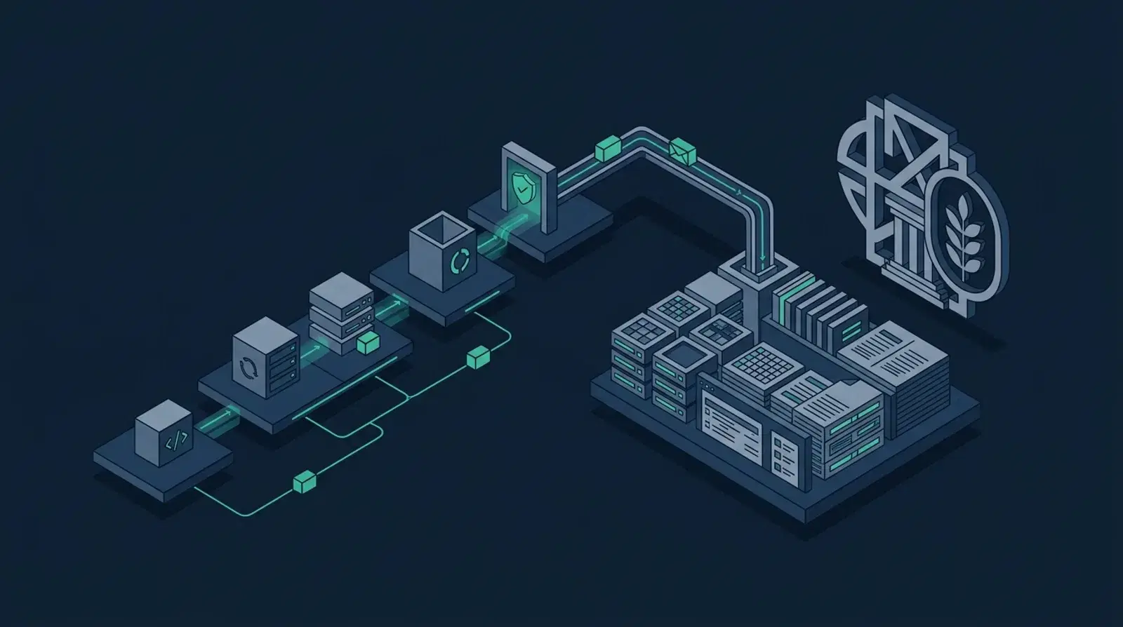 Isometric illustration of a software build pipeline feeding a documented evidence ledger beside a government offset symbol