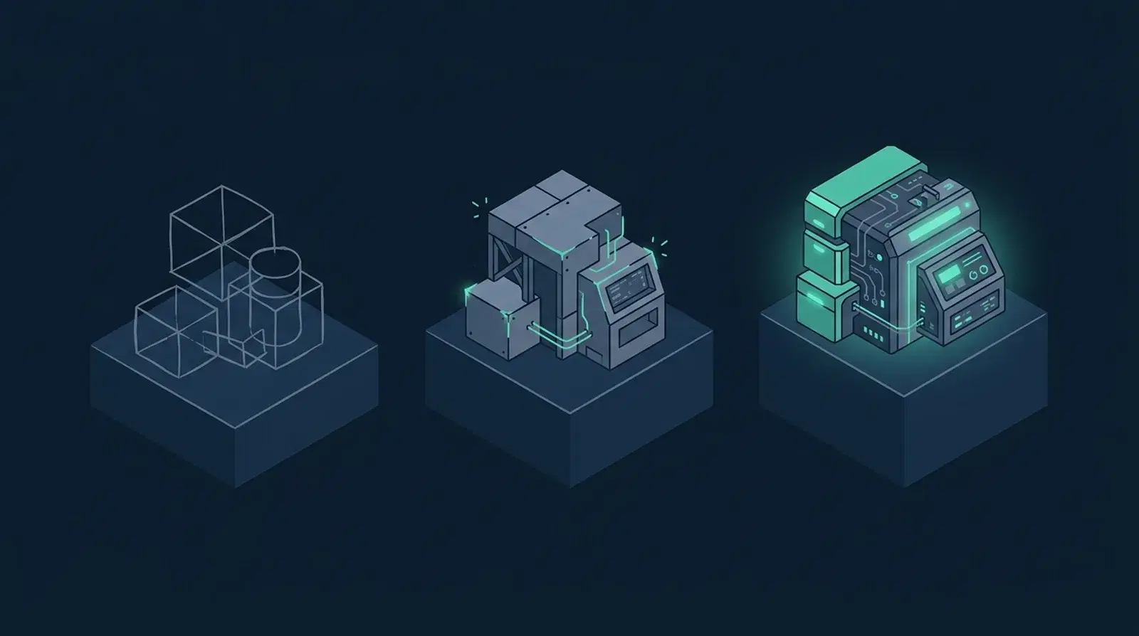 Isometric illustration of three distinct build artefacts on separate plinths increasing in fidelity from sketch to working product