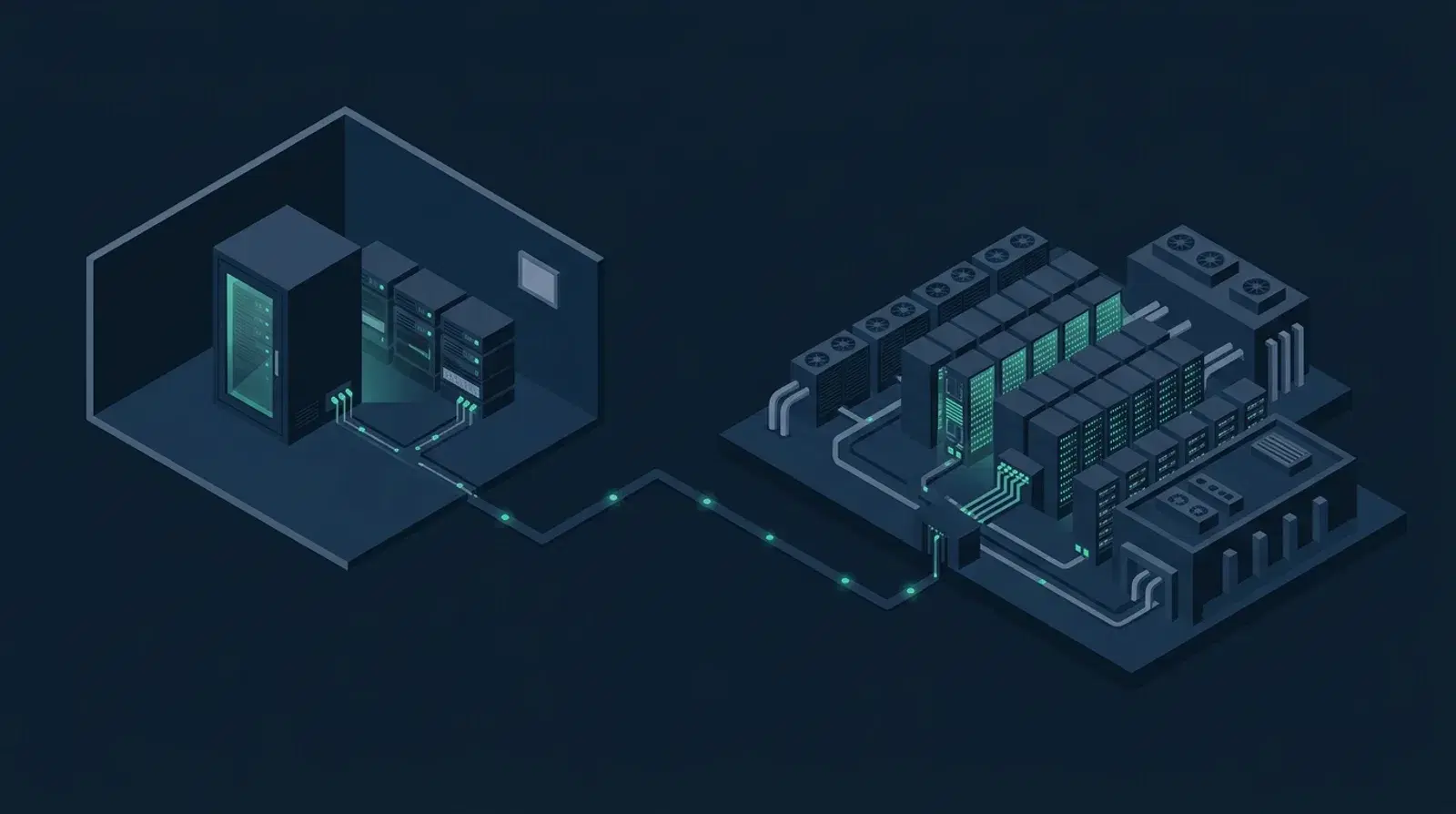 Isometric illustration comparing a server enclosure inside an office boundary against an external data centre linked by a network line