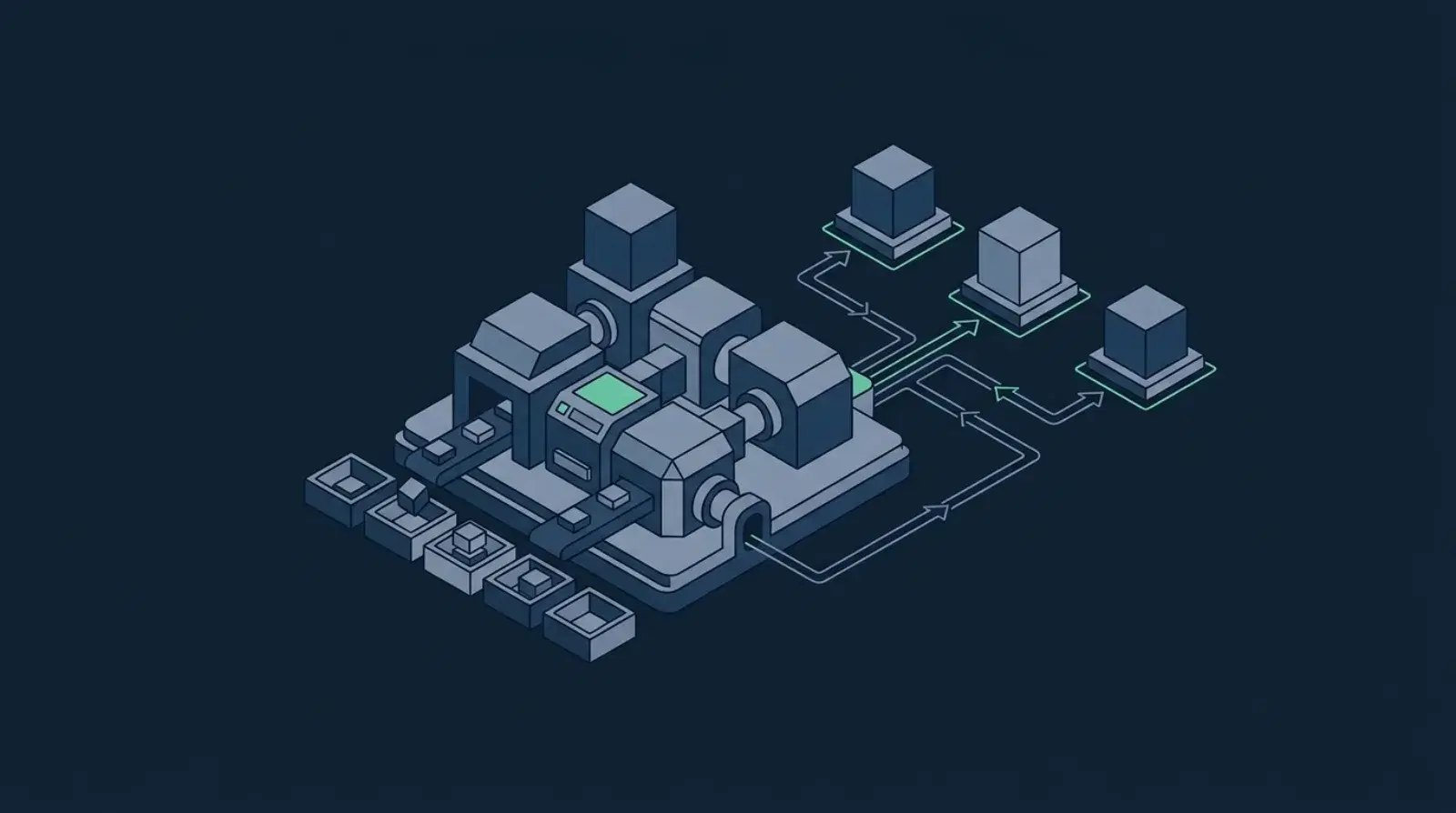 Isometric illustration of an AI agent as a modular unit taking several inputs and routing them to three destination systems