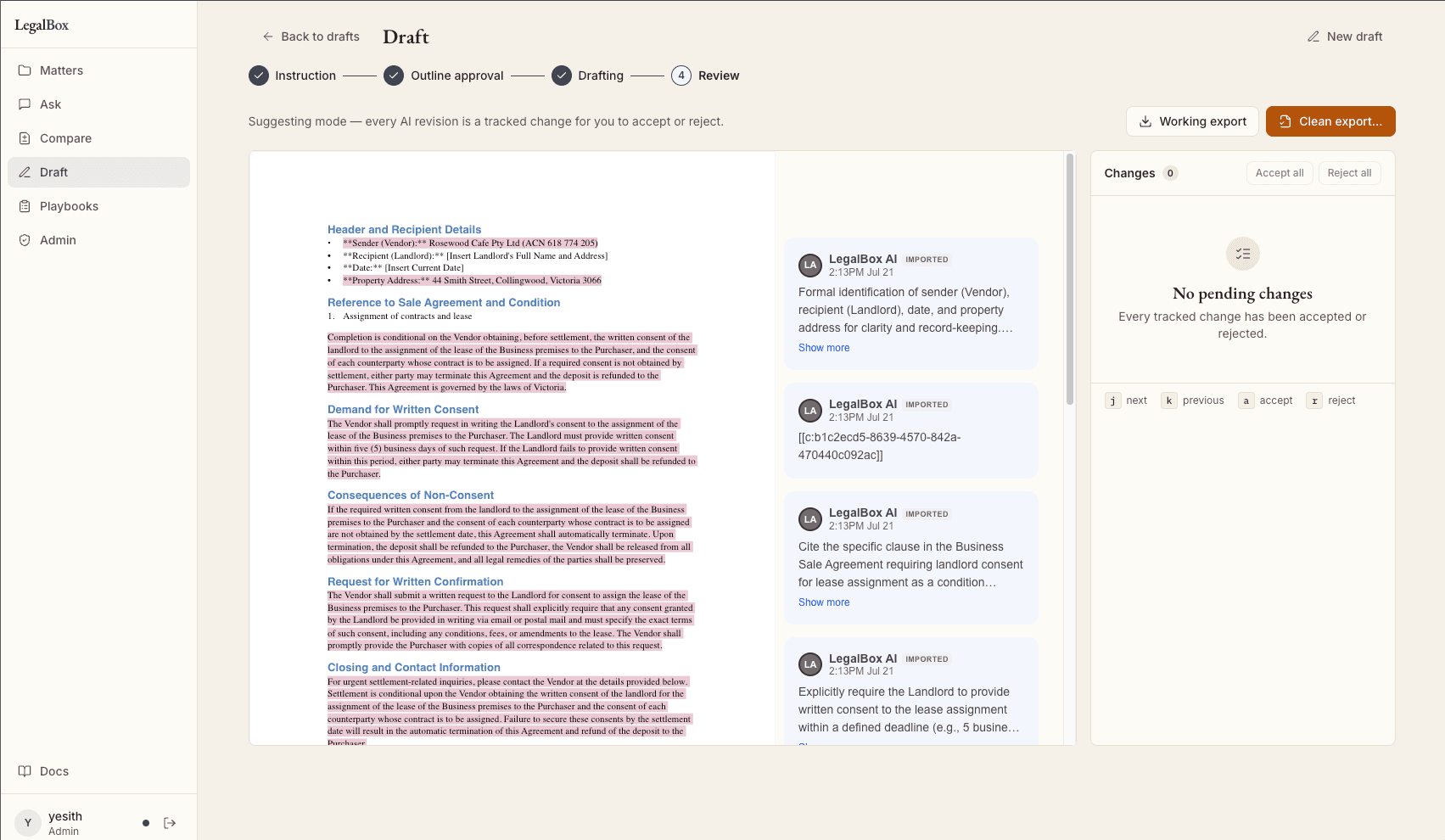 LegalBox Draft screen in suggesting mode, with AI revisions shown as tracked changes to accept or reject.